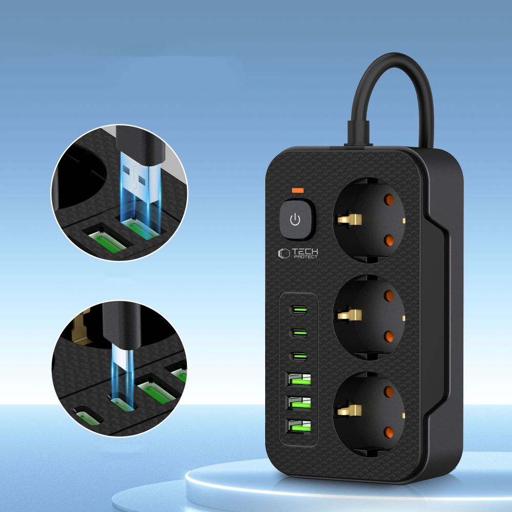 Tech-protect Pc3x6 Hálózati Elosztó 3 Usb & 3 Type-c & 3 Aljzat 200cm Fekete-2