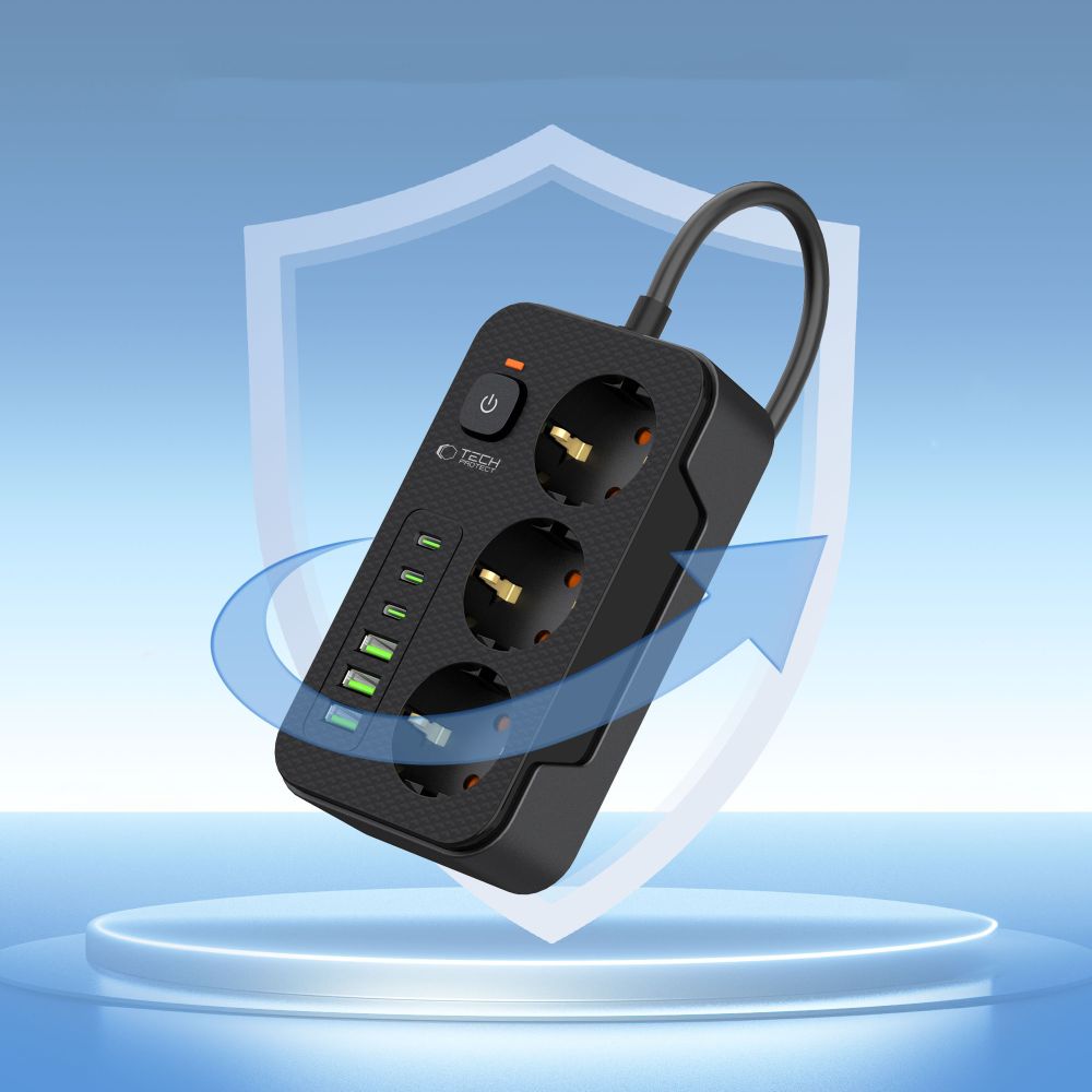 Tech-protect Pc3x6 Hálózati Elosztó 3 Usb & 3 Type-c & 3 Aljzat 200cm Fekete-3