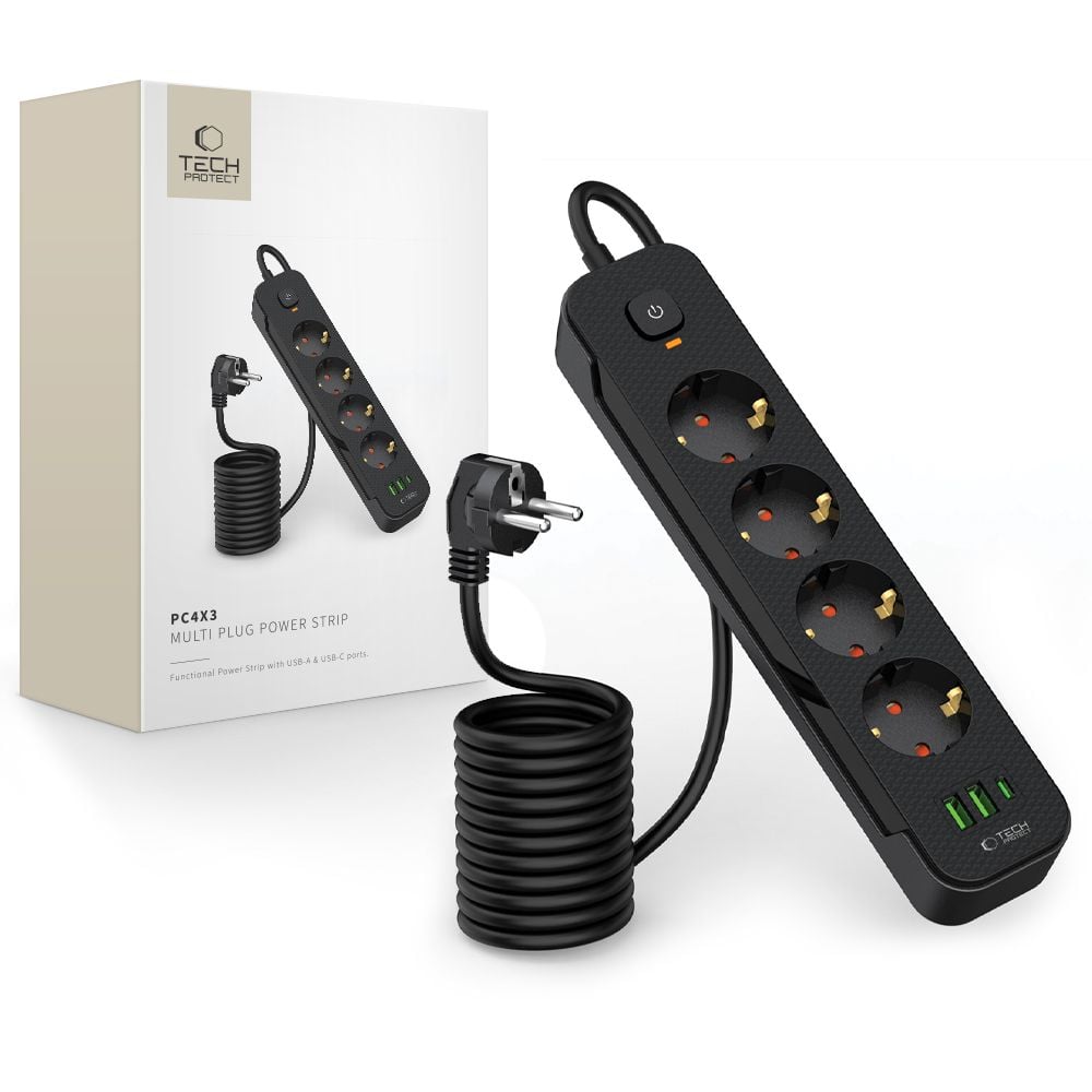Tech-protect Pcl4x3 Hálózati Elosztó 2 Usb & 1 Type-c & 4 Aljzat 200cm Fekete-0