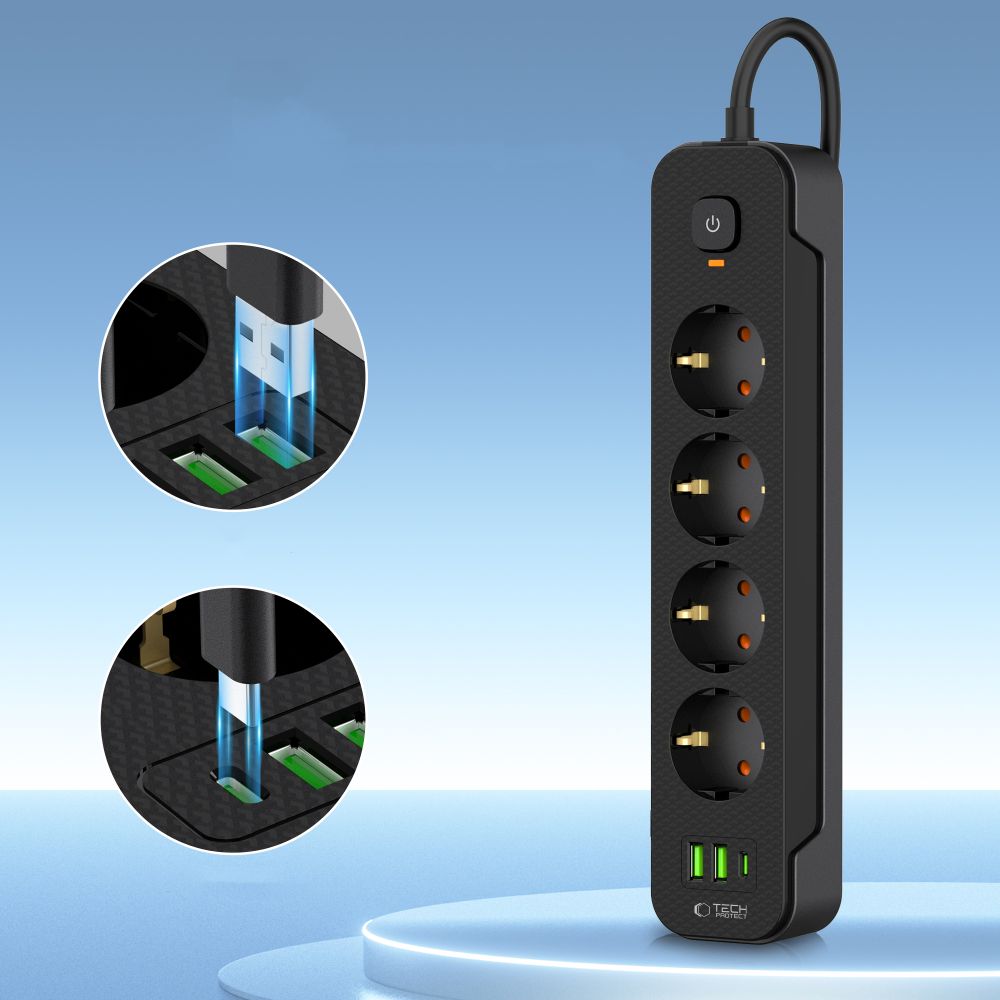 Tech-protect Pcl4x3 Hálózati Elosztó 2 Usb & 1 Type-c & 4 Aljzat 200cm Fekete-2