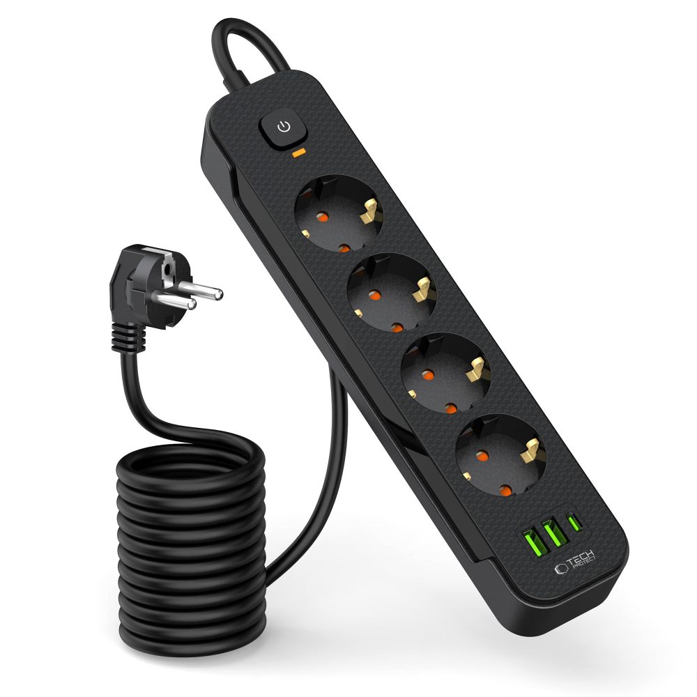 Tech-protect Pcl4x3 Hálózati Elosztó 2 Usb & 1 Type-c & 4 Aljzat 200cm Fekete-1