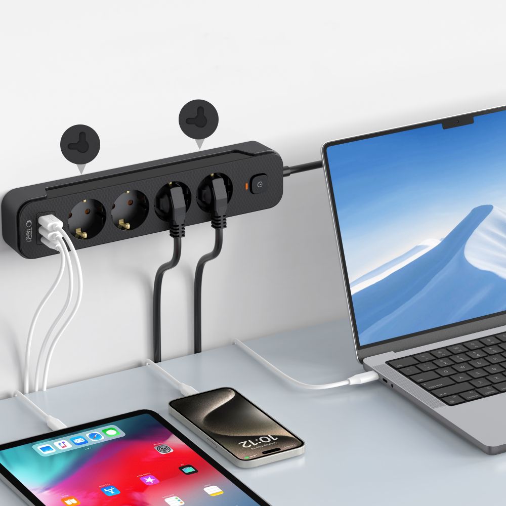 Tech-protect Pcl4x3 Hálózati Elosztó 2 Usb & 1 Type-c & 4 Aljzat 200cm Fekete-4