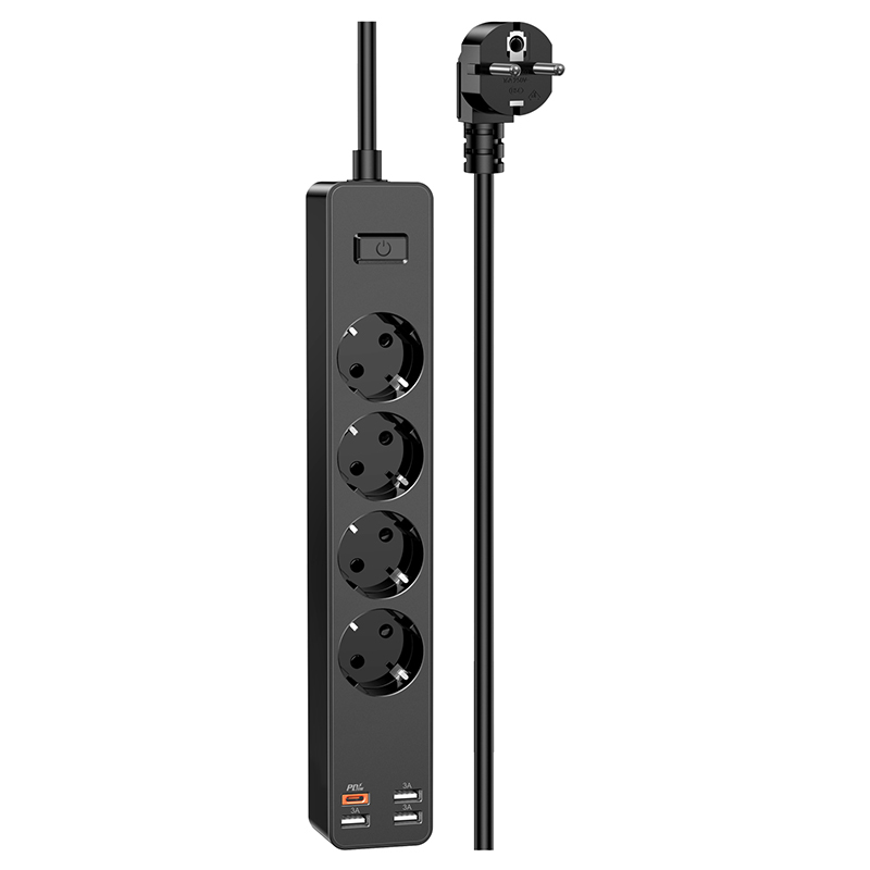 KAKU hálózati elosztó - 4 aljzat 230V + 3xUSB + Type C - fekete-1