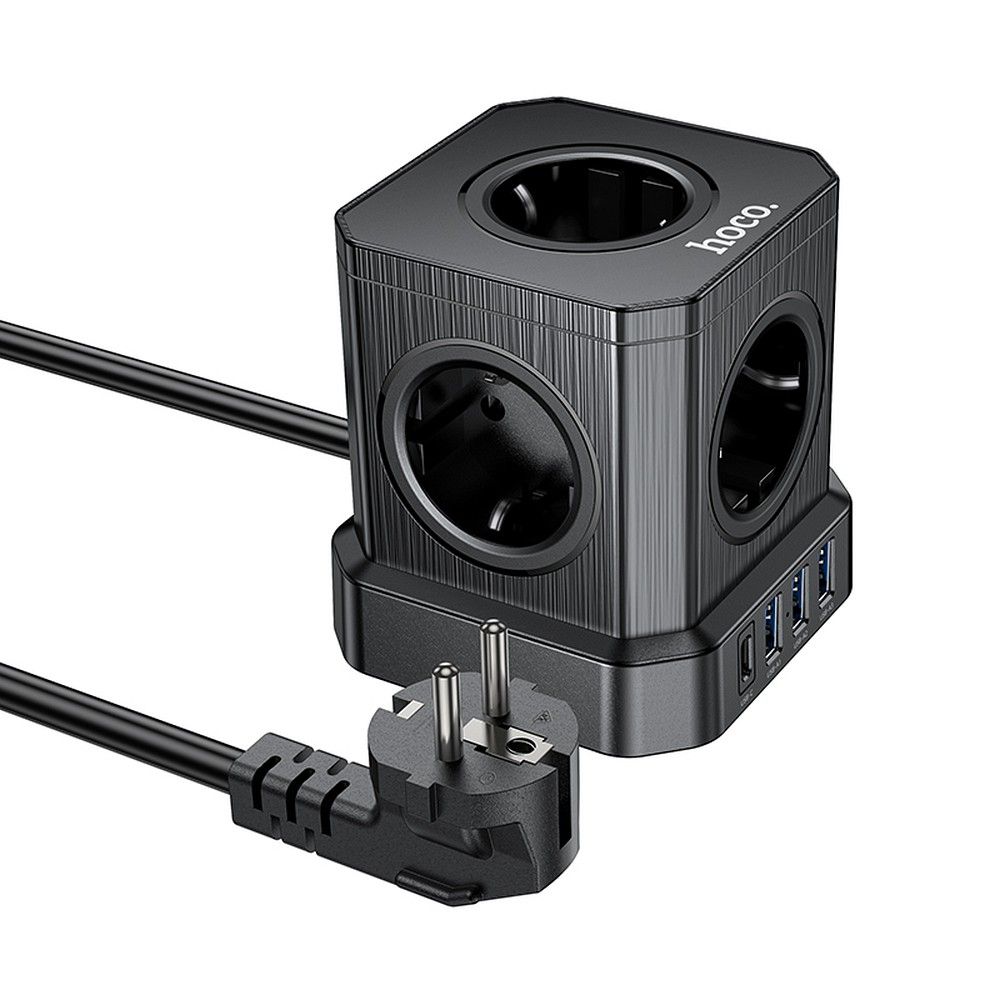 HOCO multifunkcionális elosztó 5 aljzat + 3 x USB A + Type C EU szabványok 4000W PD QC 3A NS8 2 m fekete-1