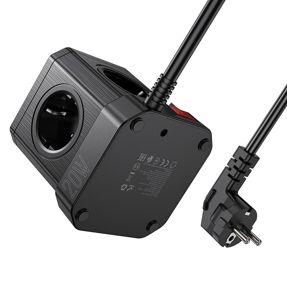 HOCO multifunkcionális elosztó 5 aljzat + 3 x USB A + Type C EU szabványok 4000W PD QC 3A NS8 2 m fekete-4