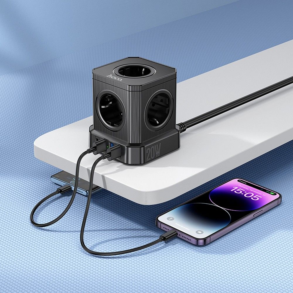 HOCO multifunkcionális elosztó 5 aljzat + 3 x USB A + Type C EU szabványok 4000W PD QC 3A NS8 2 m fekete-7