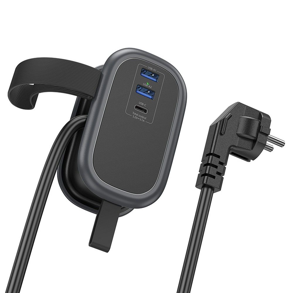 HOCO multifunkcionális elosztó 1 aljzat + 2 x USB A + Type C EU szabványok 4000W 3,1A NS6 1,1 m fekete-1
