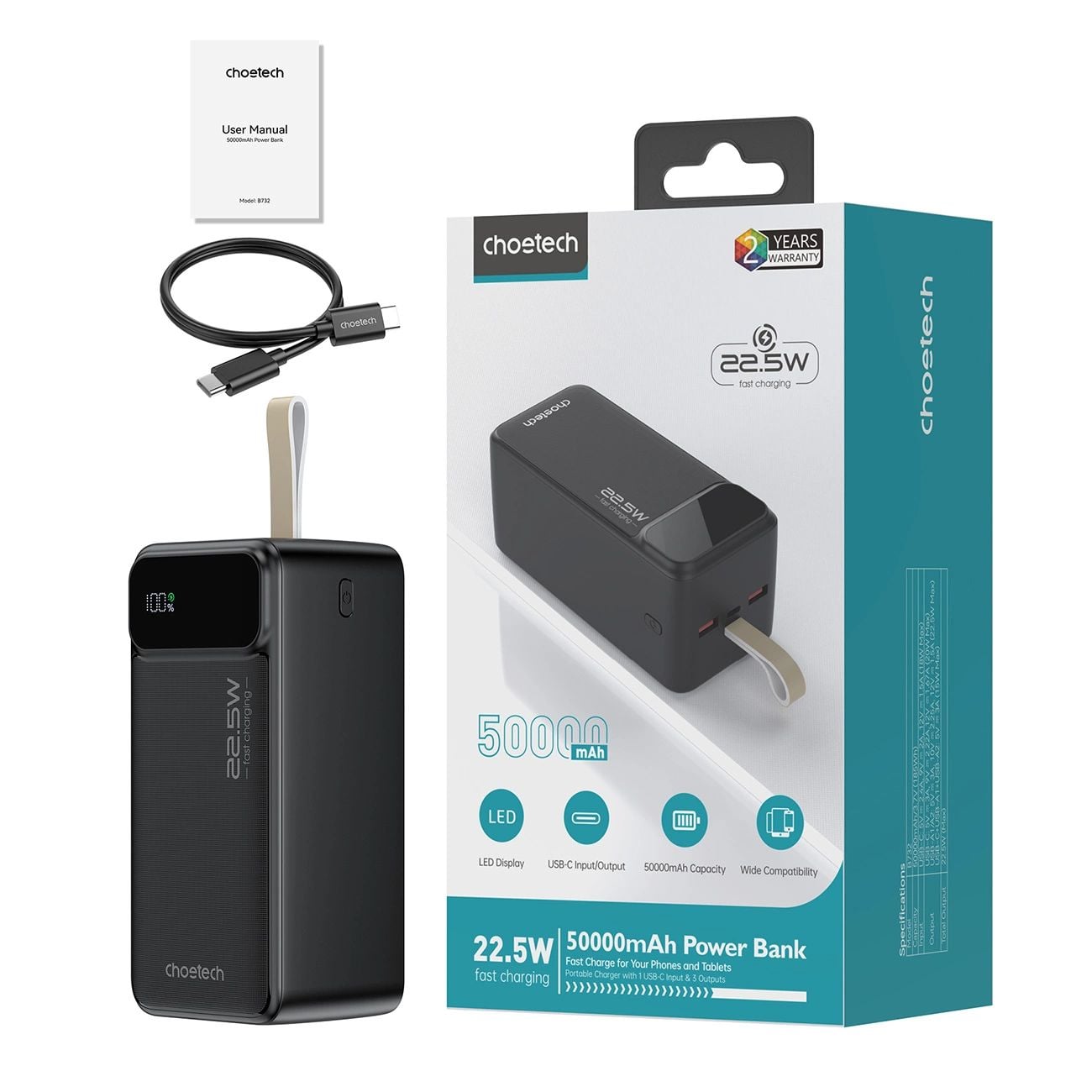 Choetech B732 Powerbank 50000 mAh 22.5W PD és QC - fekete-2