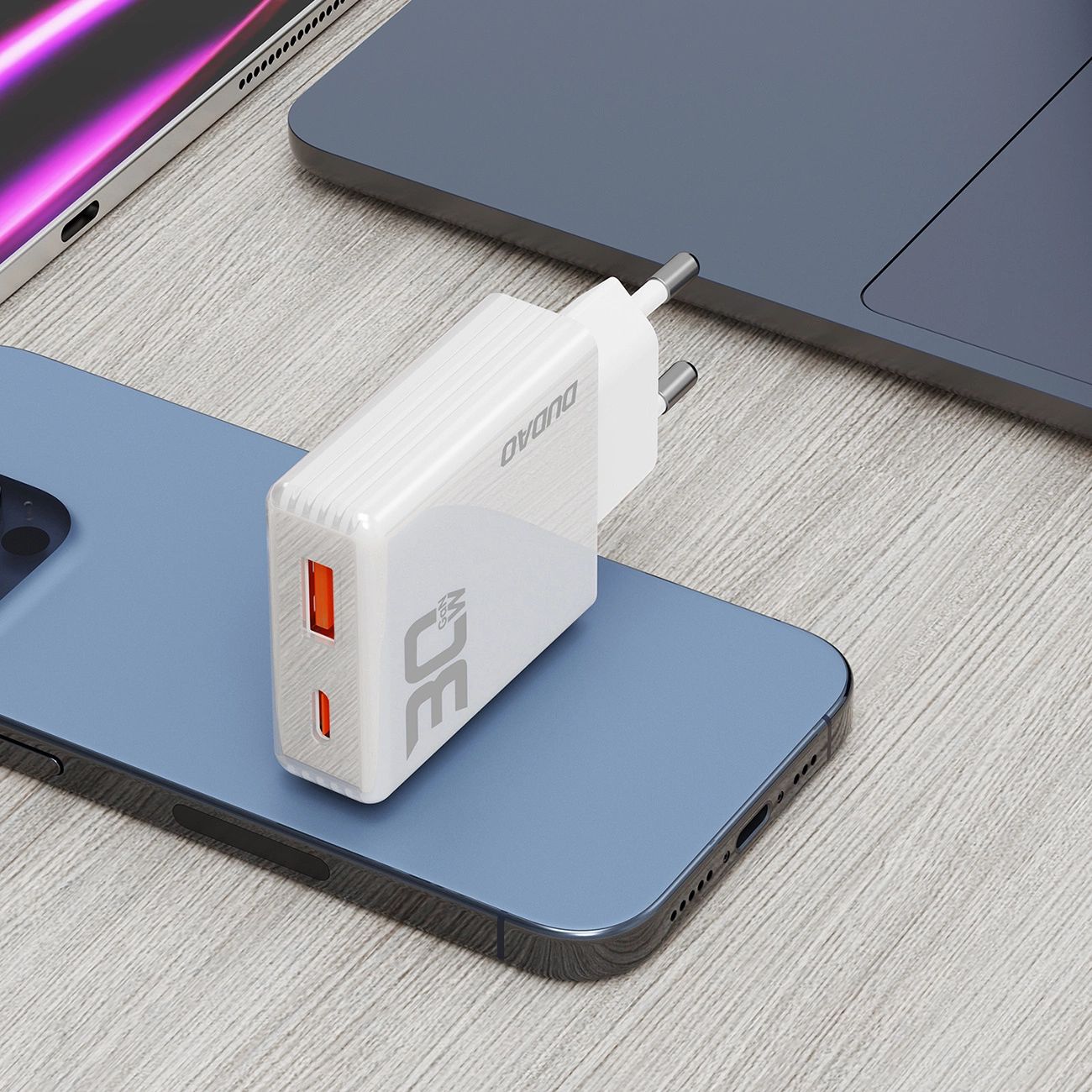 GaN Dudao A30EU 30W USB-A / USB-C Fali Töltő - Fehér-6