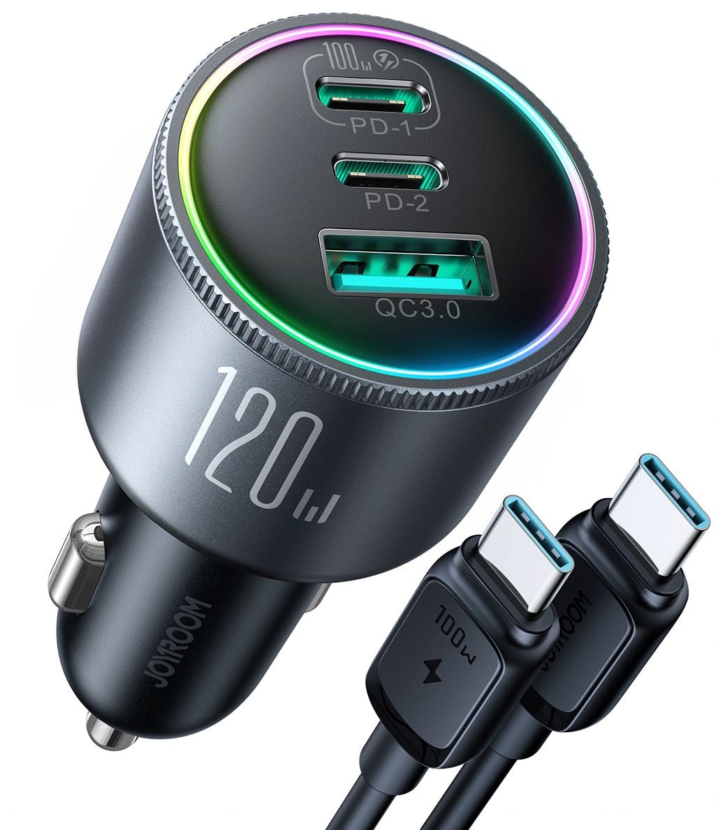 Joyroom JR-CCN07 autós töltő 120W 2xUSB-C USB-A + USB-C kábel 100W - sötétszürke-0