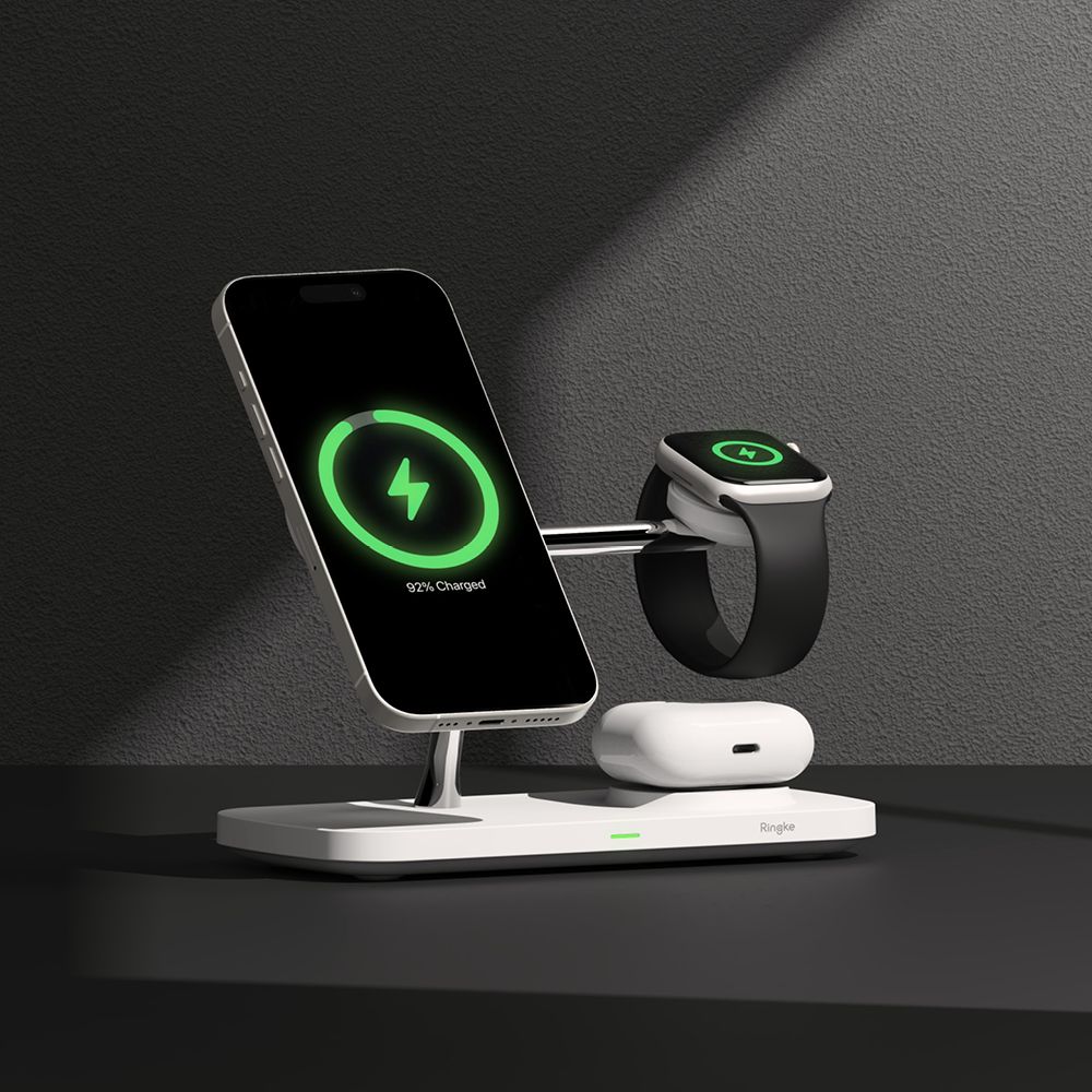 Ringke 3az1-ben Qi2 Magnetikus Magsafe Vezeték Nélküli Töltőállomás Fehér-7