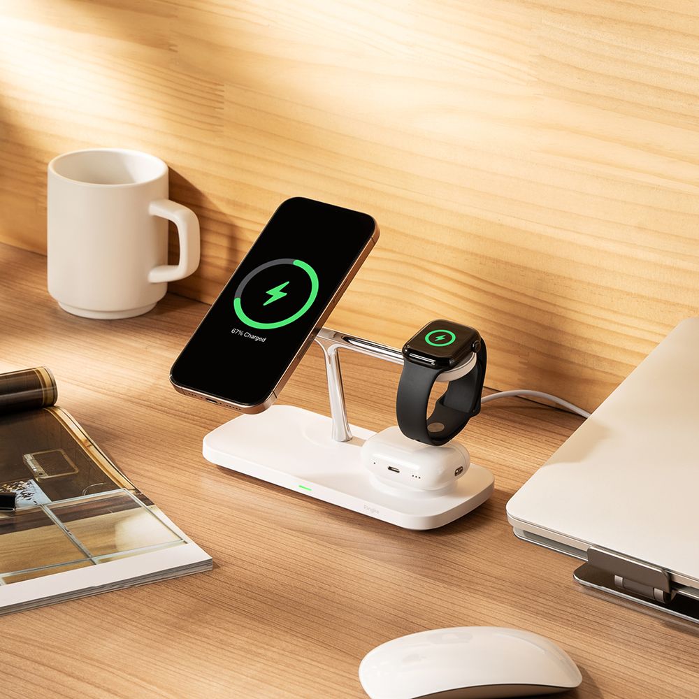 Ringke 3az1-ben Qi2 Magnetikus Magsafe Vezeték Nélküli Töltőállomás Fehér-6