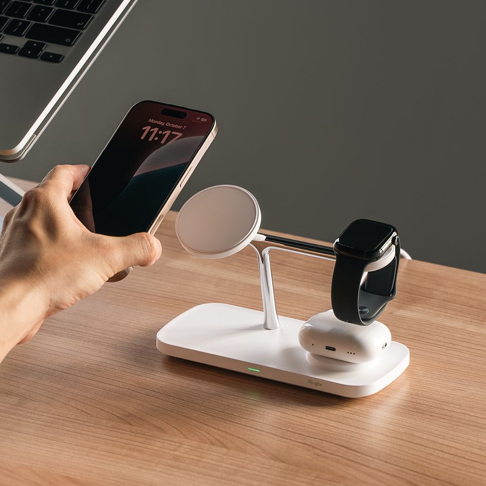 Ringke 3az1-ben Qi2 Magnetikus Magsafe Vezeték Nélküli Töltőállomás Fehér-5