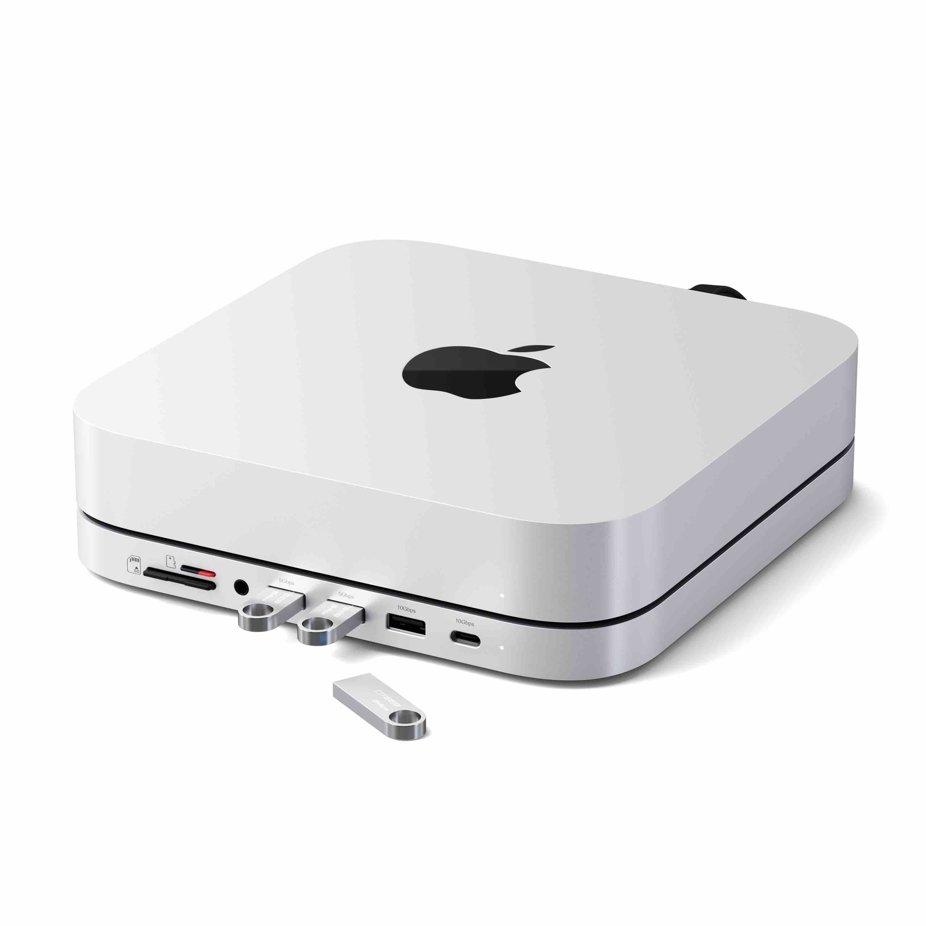 Satechi Állvány és Hub Mac Mini / Studio-hoz (1x USB-C 3.2, 1x USB-A 3.2, 2x USB-A 3.0, 3.5 mm audio, 1x Micro/SD, 1x NVMe/M.2 SATA SSD ház meghajtó nélkül) - Ezüst-1