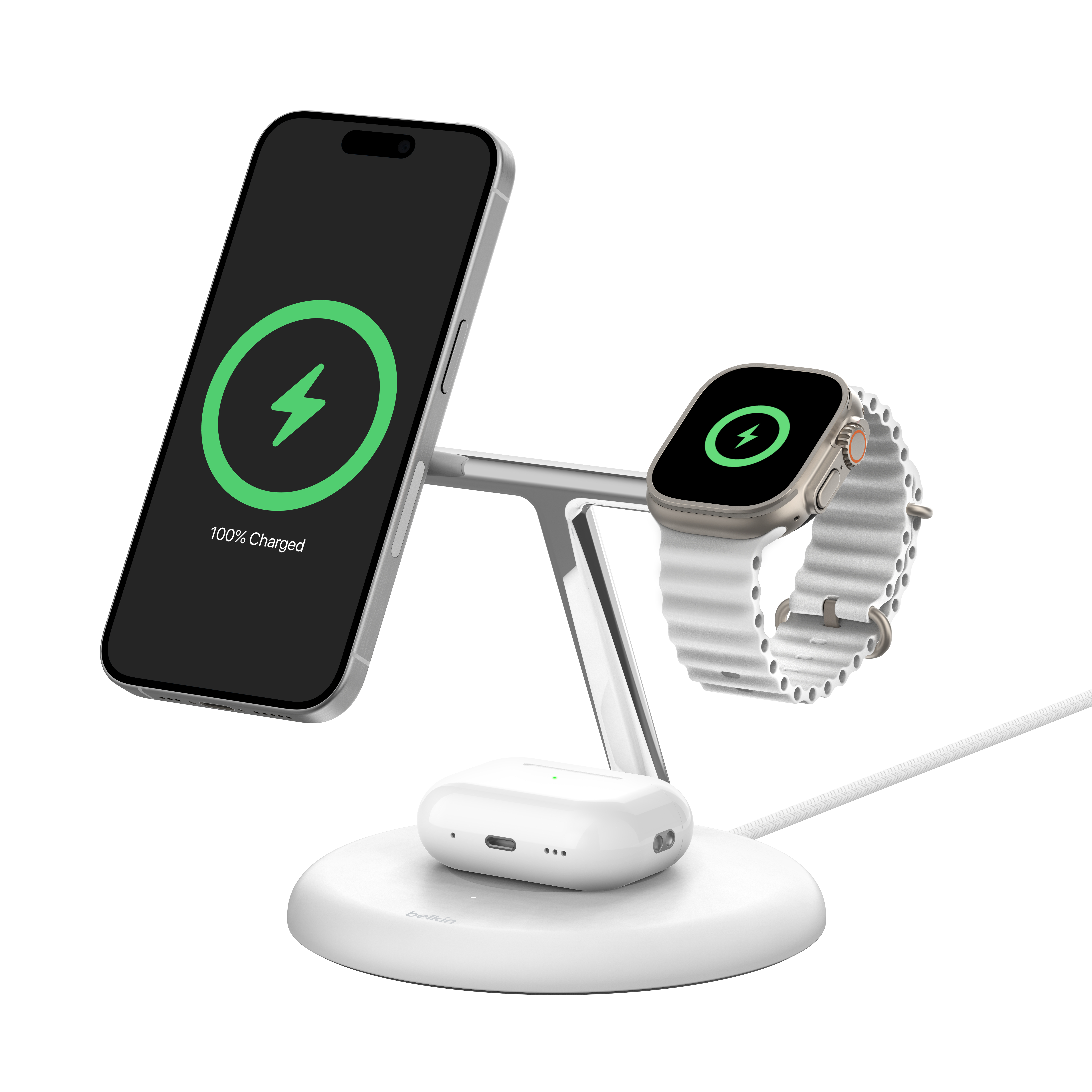 Belkin BOOST CHARGE 3 az 1-ben Mágneses Vezeték nélküli Töltőállvány Qi2 15W - Fehér (WIZ023vfWH)-0