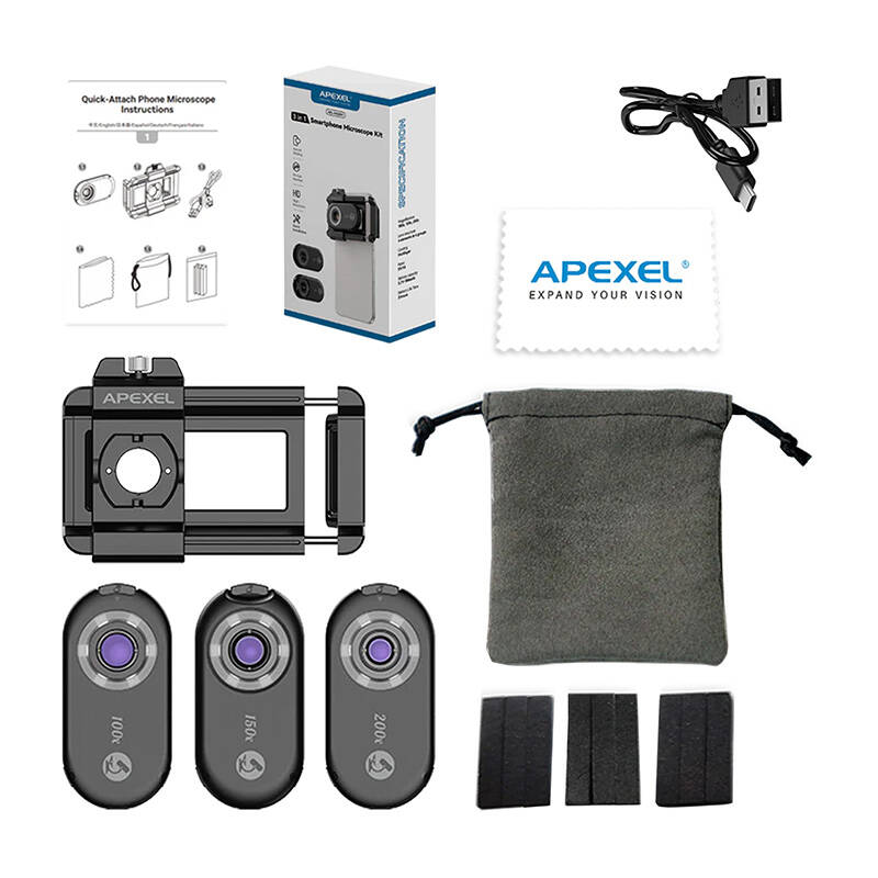3x mobiltelefon CPL Lencse / Mikroszkóp Apexel APL-MS3IN1, 200x / 150x / 100x-3