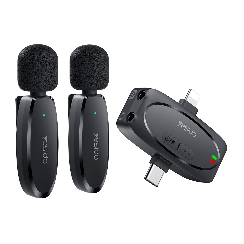  Yesido - (2 csomag) Vezeték nélküli Lavalier Mikrofonok (KR15) - 3 az 1-ben Vevő, USB-C, Lighting, 3.5mm Jack, 2.4GHz - Fekete-0