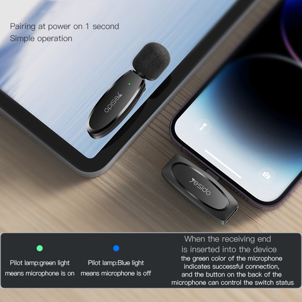  Yesido - (2 csomag) Vezeték nélküli Lavalier Mikrofonok (KR15) - 3 az 1-ben Vevő, USB-C, Lighting, 3.5mm Jack, 2.4GHz - Fekete-4