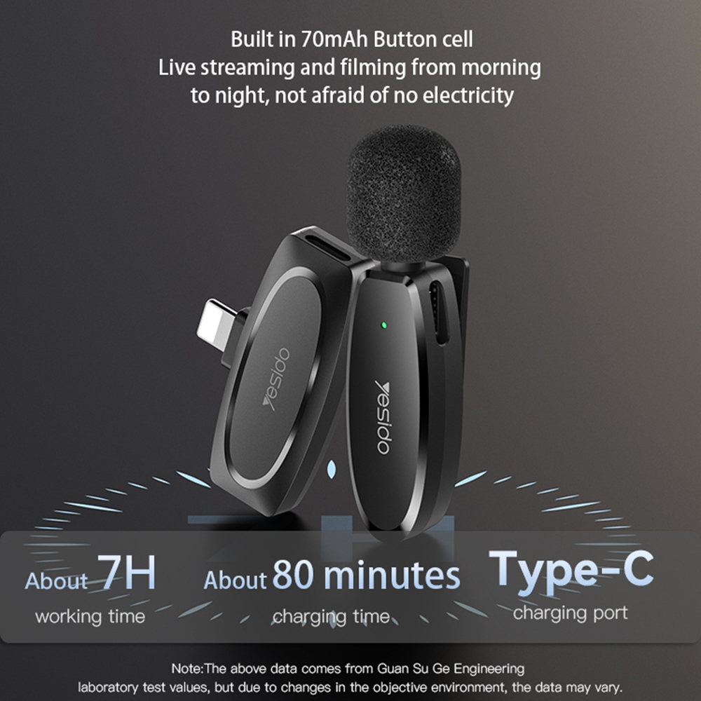  Yesido - (2 csomag) Vezeték nélküli Lavalier Mikrofonok (KR15) - 3 az 1-ben Vevő, USB-C, Lighting, 3.5mm Jack, 2.4GHz - Fekete-5