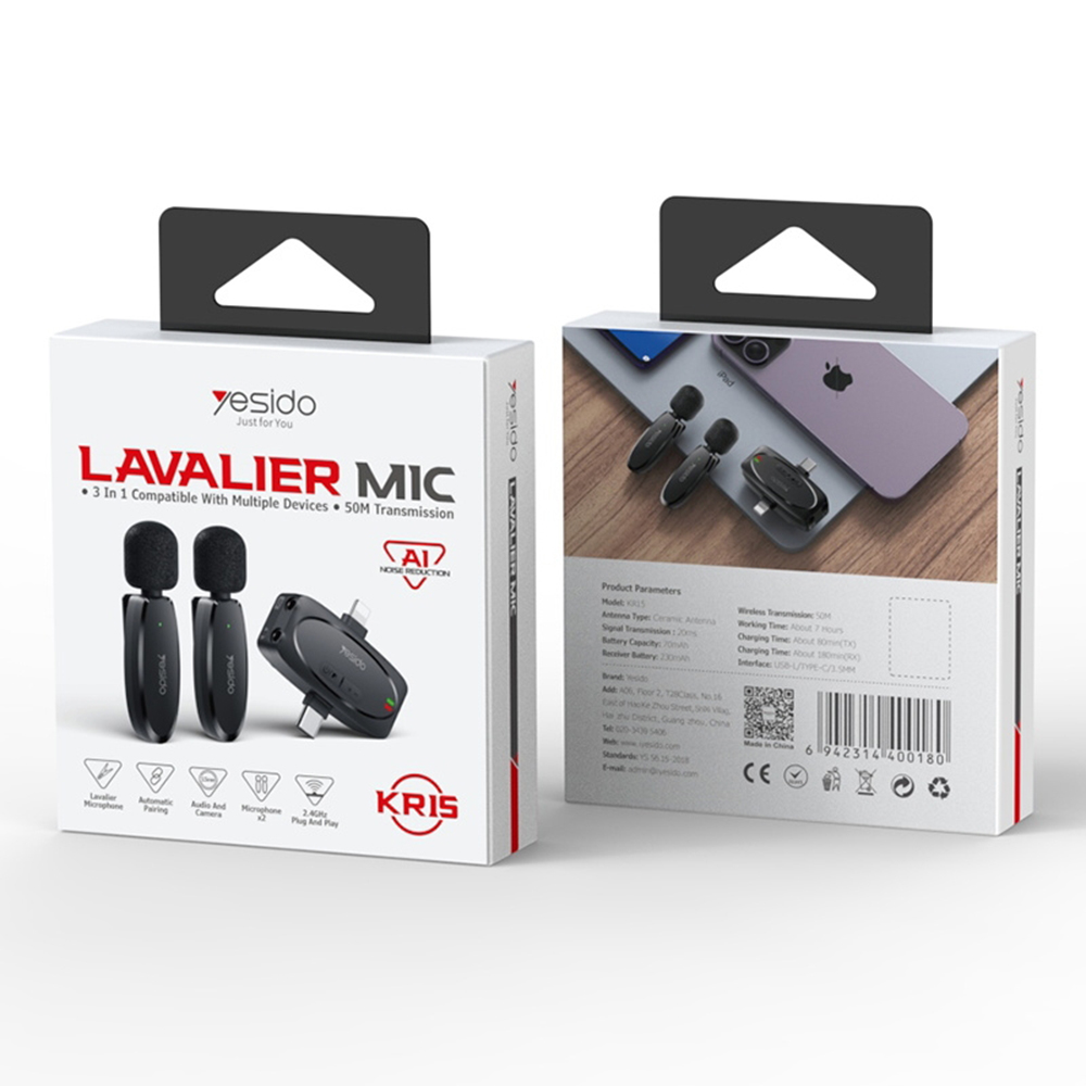  Yesido - (2 csomag) Vezeték nélküli Lavalier Mikrofonok (KR15) - 3 az 1-ben Vevő, USB-C, Lighting, 3.5mm Jack, 2.4GHz - Fekete-6