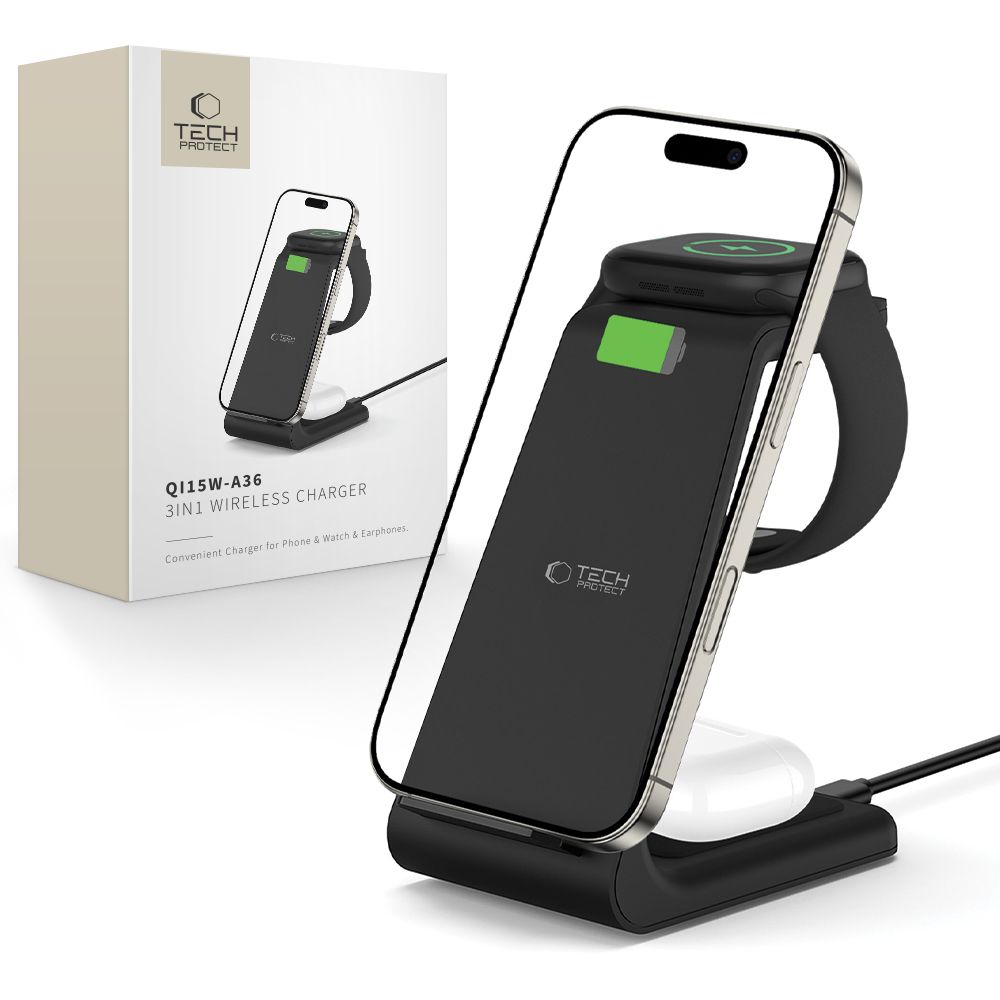 Tech-protect Qi15w-a36 3in1 Vezeték Nélküli Töltőállomás Apple Fekete-0