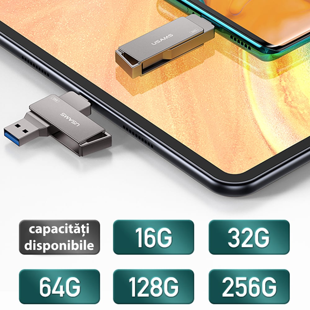  Usams - Memóriastick (US-ZB195) - Forgatható USB 3.0, nagy sebességű flash meghajtó 32 GB - Vas szürke-4