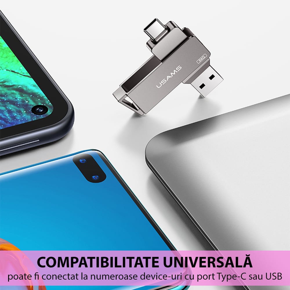  Usams - Memóriakártya (US-ZB199) - Forgatható Type-C, USB 3.0 nagy sebességű pendrive 32 GB - Vas szürke-2
