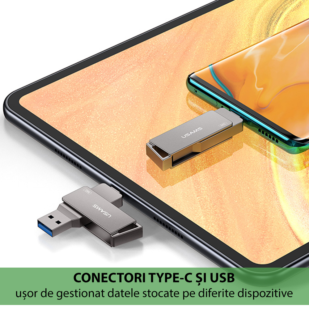  Usams - Memóriakártya (US-ZB202) - Forgatható Type-C, USB 3.0 Nagy Sebességű Pendrive 256GB - Vas Szürke-1