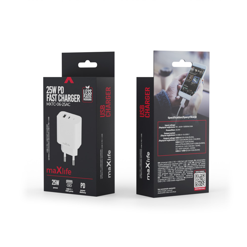 Maxlife MXTC-06-25AC PD QC töltő 1x USB-C 1x USB-A 25W fehér-4