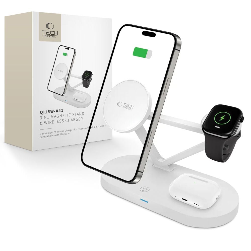 Tech-protect Qi15w-a41 3in1 Magnetic Magsafe Vezeték Nélküli Töltő Fehér-0