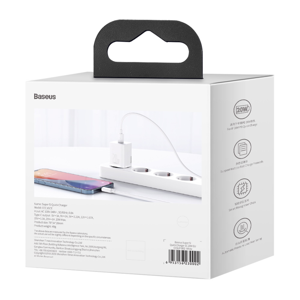 Baseus Super Si 1C Hálózati töltő adapter USB Type-C QC PD 20W 3A fehér (CCSUP-B02)-5