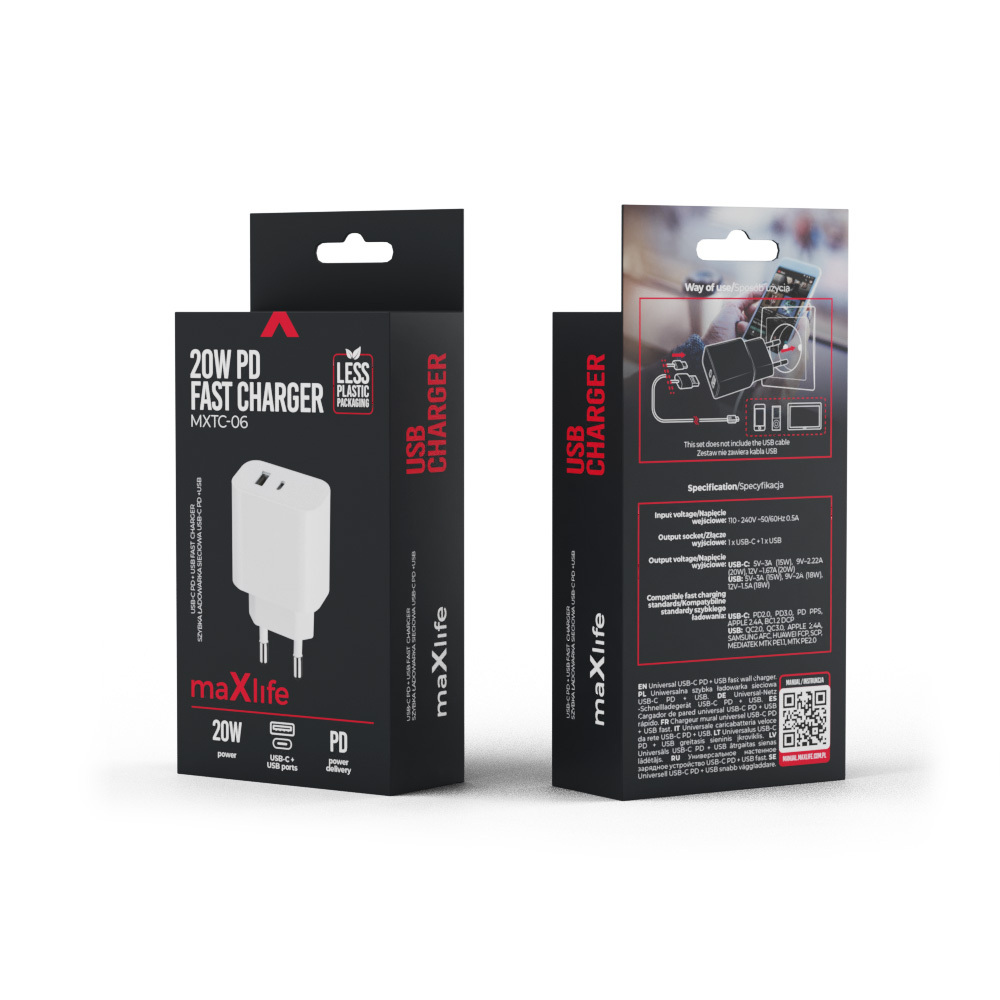 Maxlife MXTC-06 PD QC töltő 1x USB-C 1x USB-A 20W fehér-11