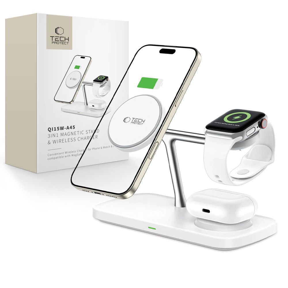 Tech-protect Qi15w-a45 3in1 Mágneses Magsafe Vezeték Nélküli Töltő Fehér-0