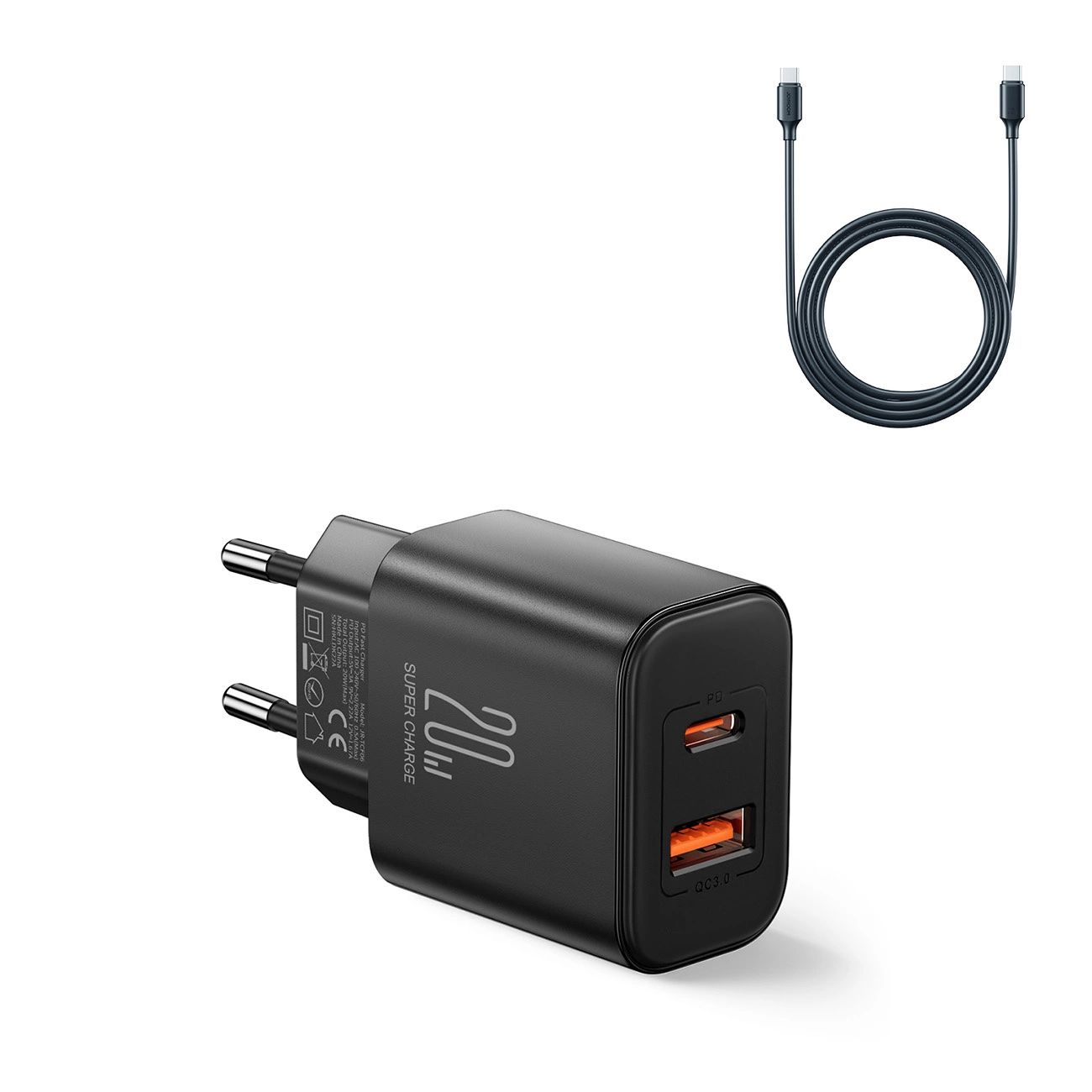 EU Joyroom JR-TCF05 20W USB-A USB-C töltő + USB-C kábel - fekete-0