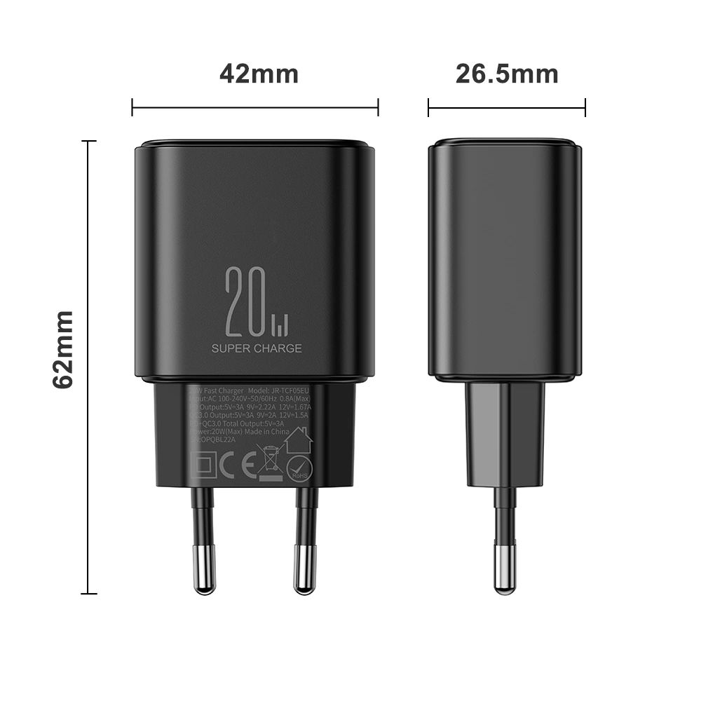 EU Joyroom JR-TCF05 20W USB-A USB-C töltő + USB-C kábel - fekete-4