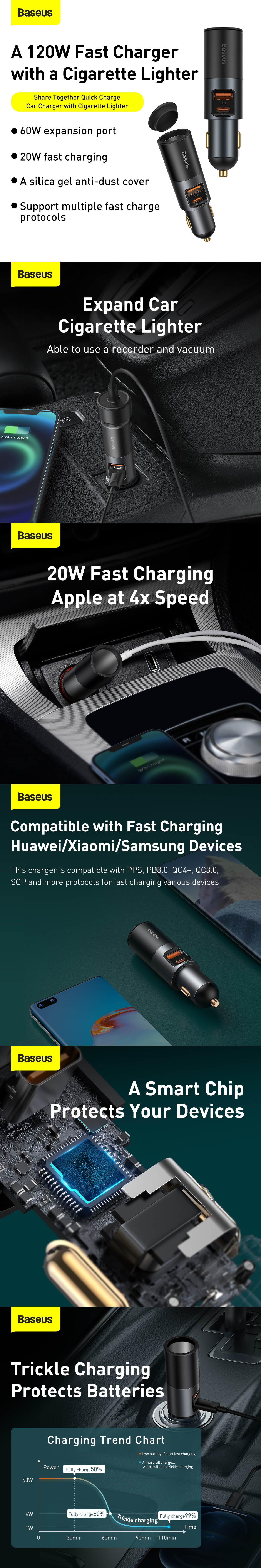 Baseus Share Together Autós szivargyújtós töltő USB / USB Type-C / 120W QC PD szürke-8