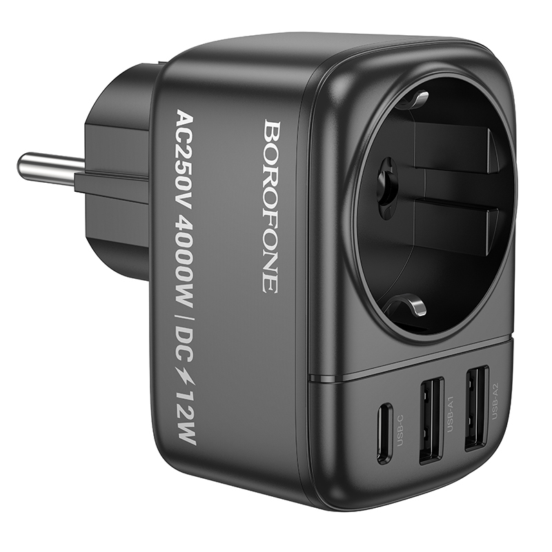 Borofone fali töltő BAC14 Wide - 2xUSB + Type C + aljzat - 12W fekete-0