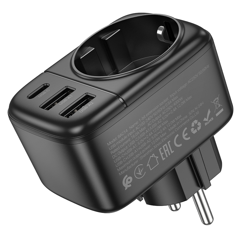 Borofone fali töltő BAC14 Wide - 2xUSB + Type C + aljzat - 12W fekete-1