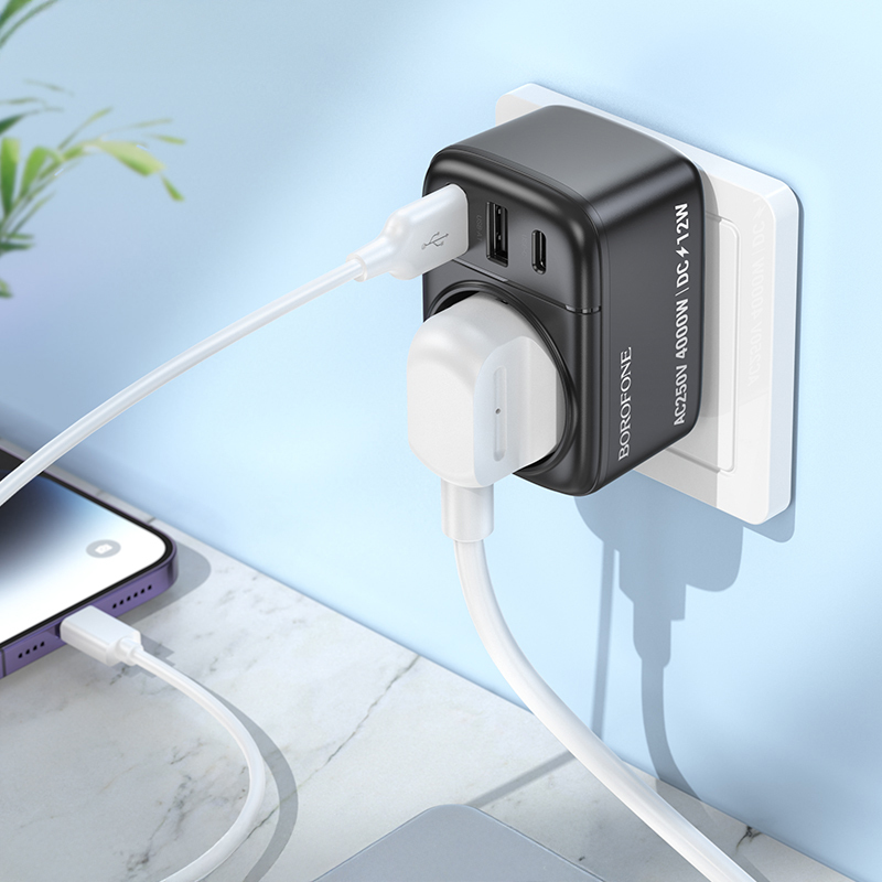 Borofone fali töltő BAC14 Wide - 2xUSB + Type C + aljzat - 12W fekete-4