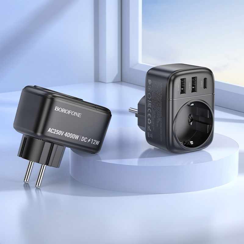 Borofone fali töltő BAC14 Wide - 2xUSB + Type C + aljzat - 12W fekete-5