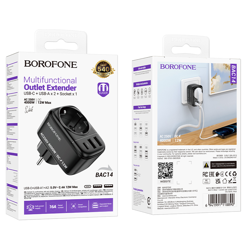 Borofone fali töltő BAC14 Wide - 2xUSB + Type C + aljzat - 12W fekete-6