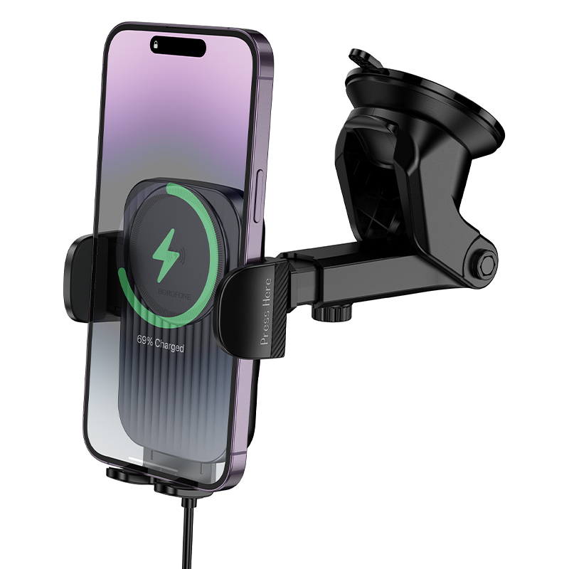 Borofone BH222 Vezeték nélküli töltéses autós telefontartó, fekete-0