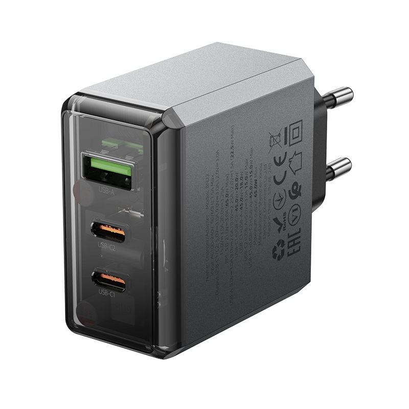 Borofone fali töltő BN22 Lena GaN - 2xType C + USB - QC 3.0 PD 65W szürke-2