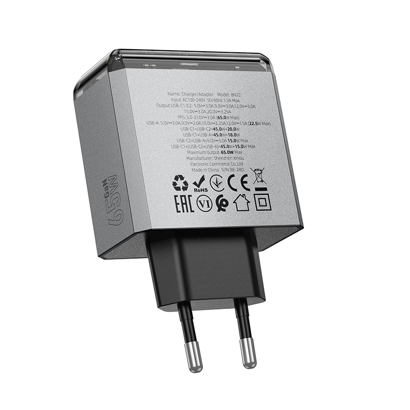 Borofone fali töltő BN22 Lena GaN - 2xType C + USB - QC 3.0 PD 65W szürke-4