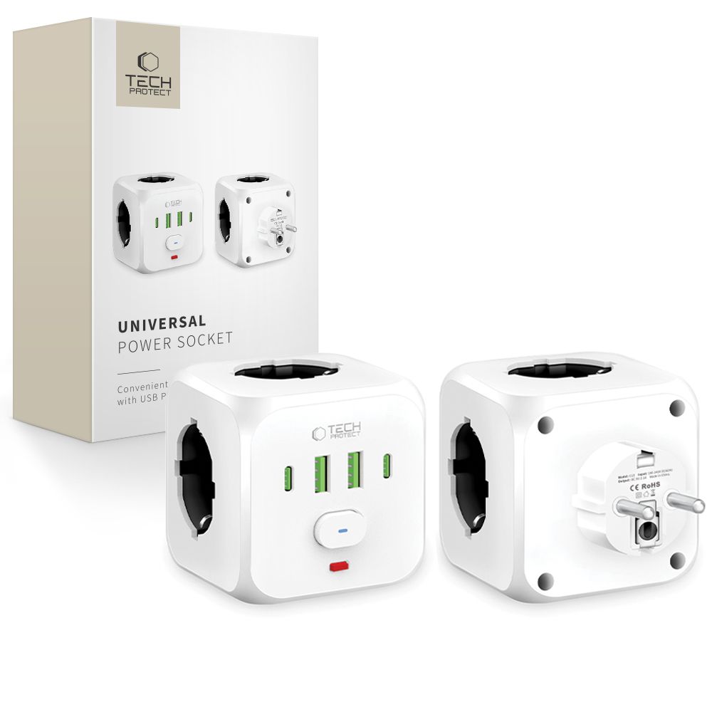 Tech-protect Pcl3x4 hálózati elosztó 2 USB & 2 Type-c & 3 aljzat fehér-0