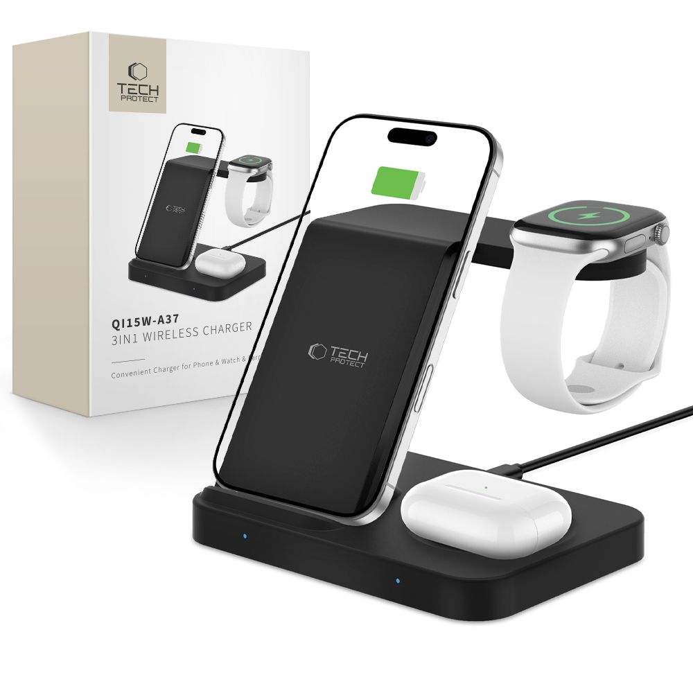 Tech-protect Qi15w-a37 3in1 Vezeték nélküli töltő Android és Apple készülékekhez fekete-0