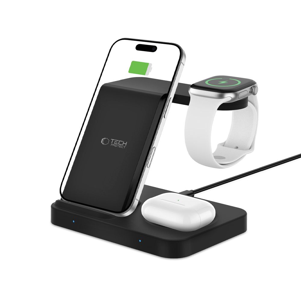 Tech-protect Qi15w-a37 3in1 Vezeték nélküli töltő Android és Apple készülékekhez fekete-1