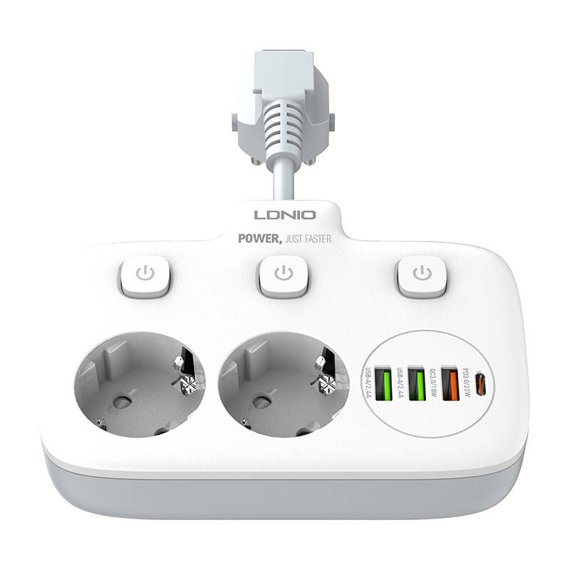 Hálózati elosztó 2 AC aljzattal, 3x USB, USB-C, LDNIO SE2435, 2500W (fehér)-3