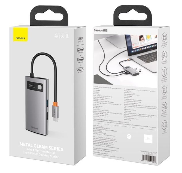 Baseus Metal Gleam 4in1 HUB USB Type-C - USB Type-C PD 100W / HDMI 4K 30Hz / 1x USB 3.2 Gen 1 / 1x USB 2.0 szürke (CAHUB-CY0G)-6