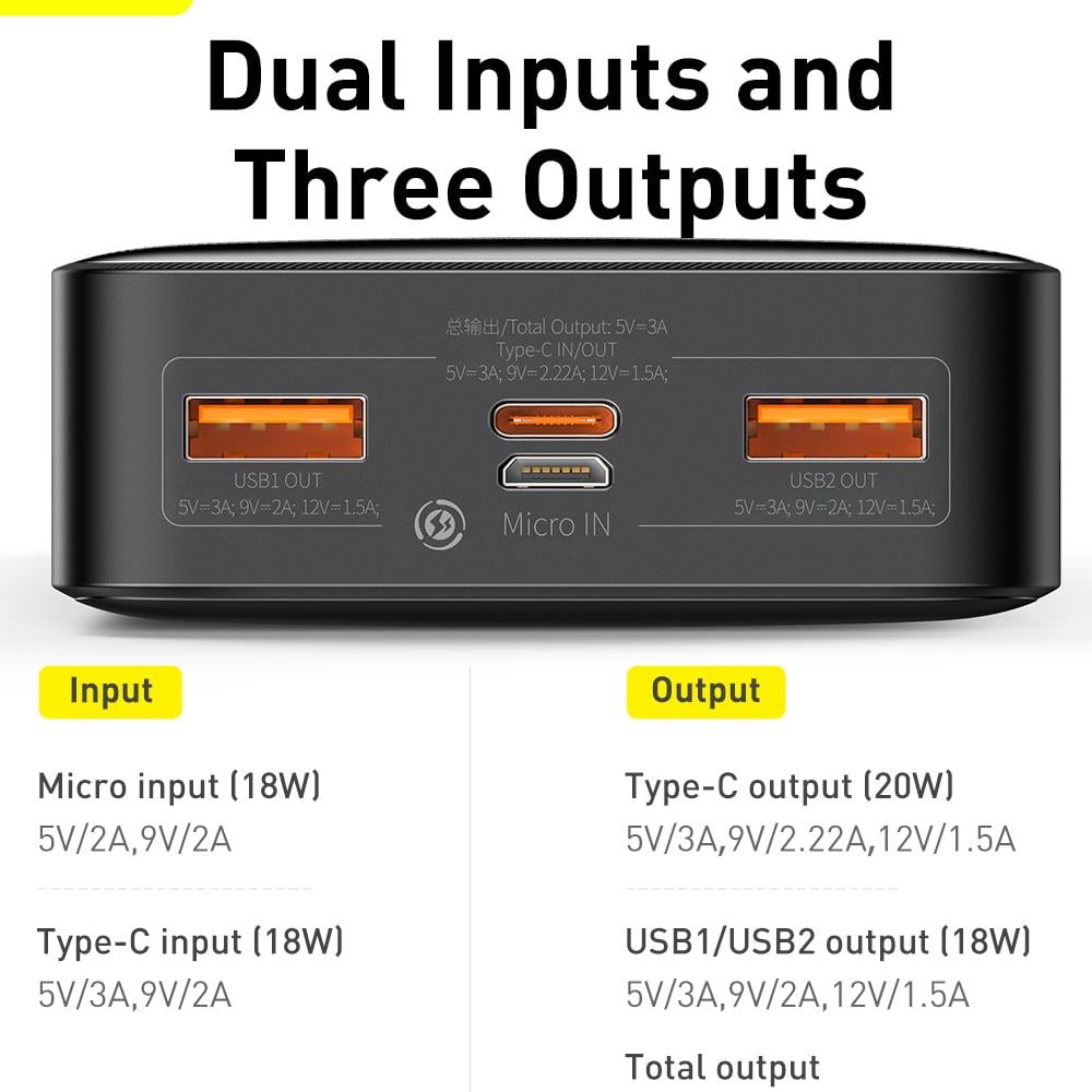 Baseus Bipow Gyorstöltő Power Bank 20000mAh 20W fekete + USB-A - Micro USB 0,25m kábel fekete (PPBD050501)-8